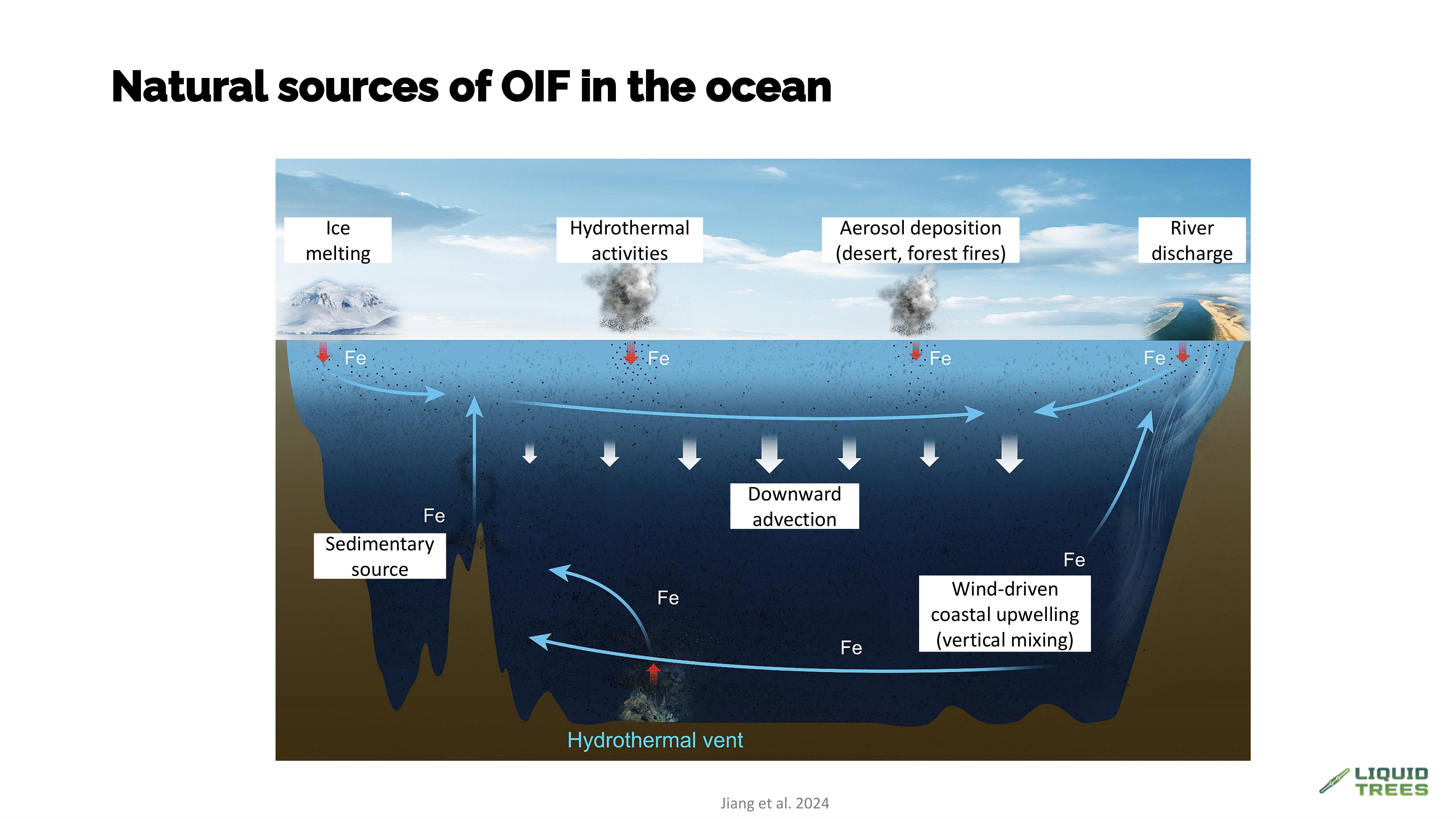 Map and illustrations of natural iron sources such as rivers, dust, ice melt, vents, fires, and upwelling